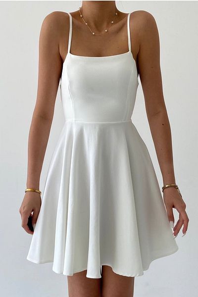 bayansepeti Women's Adjustable Strap Back Tie Design Flared White Mini Dress 362
