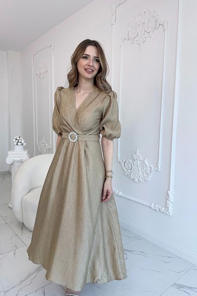 HELİS BUTİK Gold Sparkling Belted Double Breasted Dress