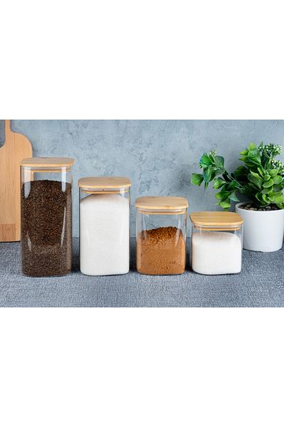 Pembelia Life 4-piece bamboo vacuum lid borosilicate glass square tea sugar salt coffee bean storage jar set
