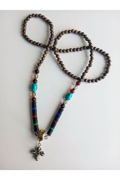 Enjoy Ethnic Necklace with Natural Stones & Wooden Beads, Handmade Cross Detail