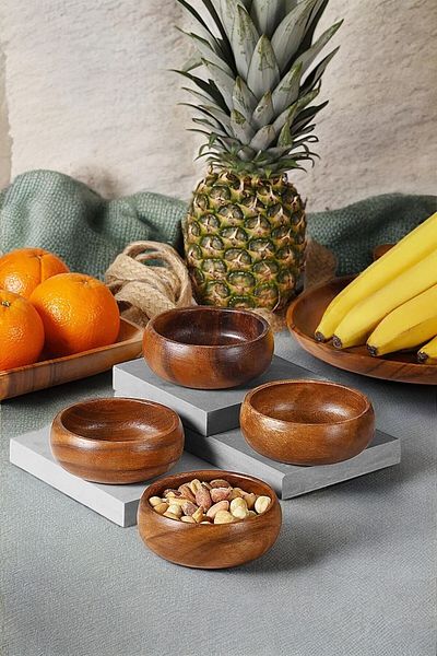 LUMİNA Set of 4 Round Acacia Snack Bowls - 9 cm