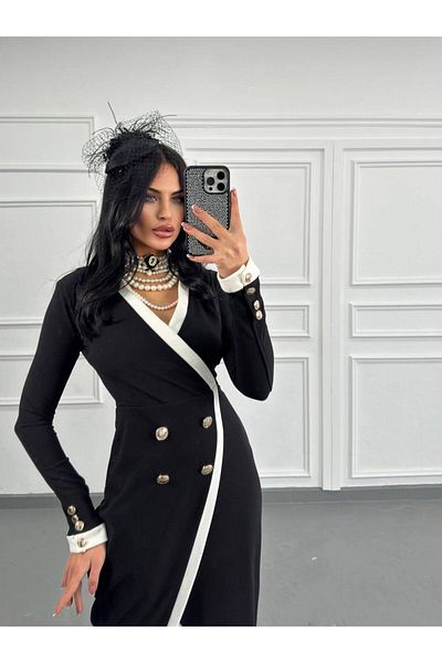1Moda1Tarz Γυναικείο φόρεμα με ειδικό σχέδιο με εισαγόμενο υφασμάτινο κολιέ με λεπτομέρεια με κουμπιά