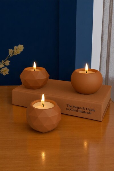 ERSE HOME 3’ lü Kiremit Rengi Beton Dekoratif Mumluk Seti – Modern Tasarım