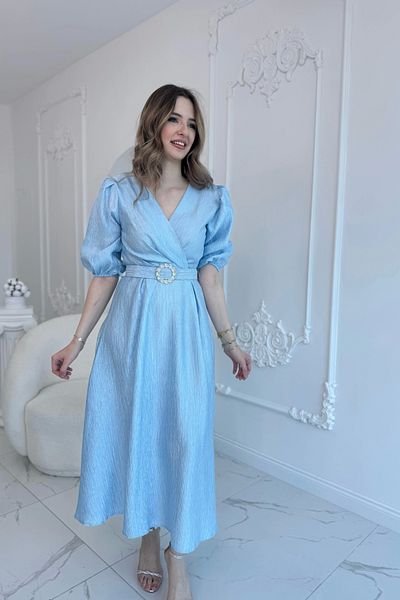 HELİS BUTİK Blue Sparkly Belted Double Breasted Dress