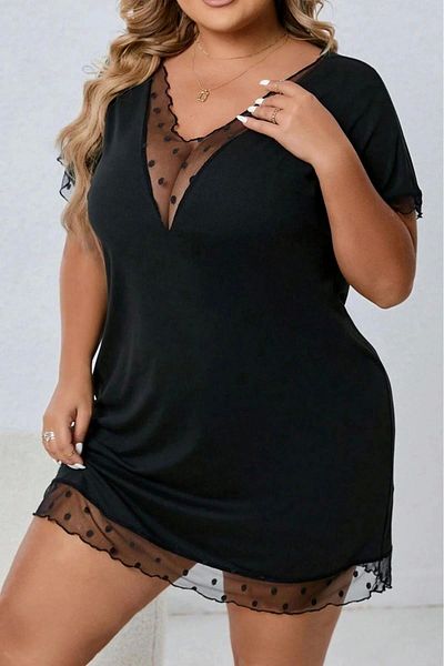 DEFNADA Plus Size Women's Transparent Low-Cut V-Neck Polka Dot Lace Detailed Comfortable Fancy Nightgown
