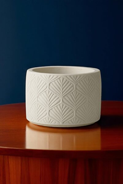 ERSE HOME Beyaz Renk Yaprak Desenli Beton Saksı- El Yapımı Dekoratif Saksı