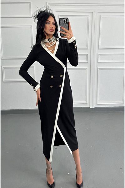 1Moda1Tarz Γυναικείο φόρεμα με ειδικό σχέδιο με εισαγόμενο υφασμάτινο κολιέ με λεπτομέρεια με κουμπιά