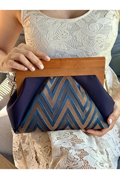 JOPHIEL Patchwork, Zincirli, Ahşap Burslu Çanta, Clutch, El Çantası, Kol Çantası, Omuz Çantası