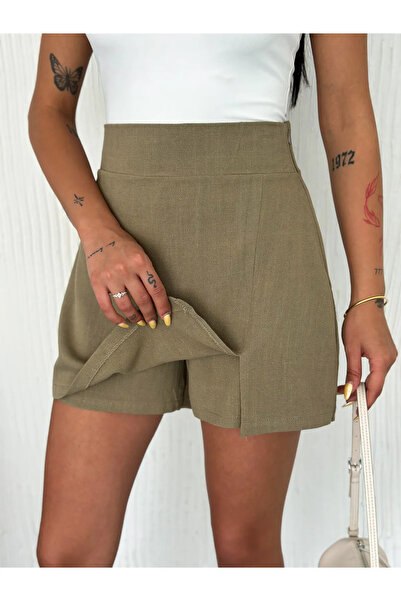 CyRo KADIN KETEN KUMAŞ YIRTMAÇLI ŞORT ETEK