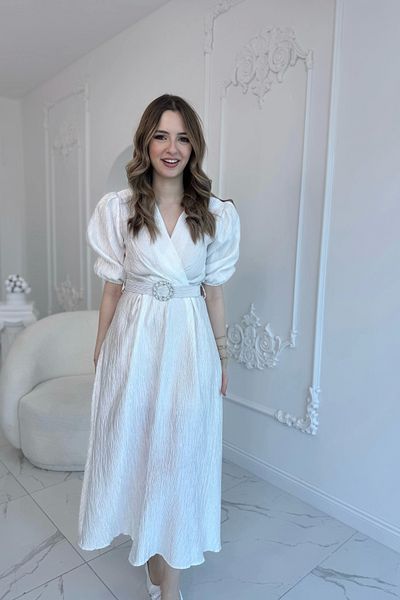 HELİS BUTİK White Sparkly Belted Double Breasted Dress