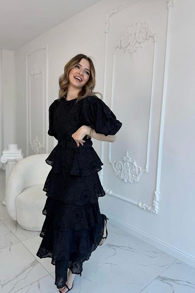HELİS BUTİK Black Layered Balloon Sleeve Belted Dress