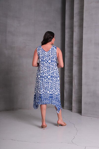 Ebsumu Γυναικείο Μπλε Φόρεμα με Γεωμετρικό Σχέδιο Plus Size