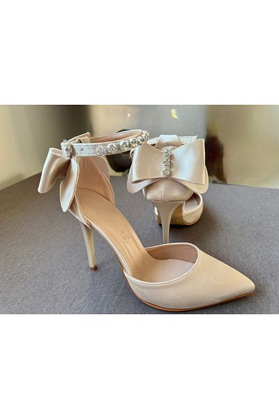 Felisya Butik Shiny Stone and Bow Detailed Satin Heeled Evening Dress Shoes 10Cm-Felisyabutik
