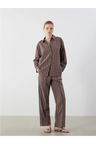 LC Waikiki Lcw vision brown elastic waist striped wide leg women's pants
