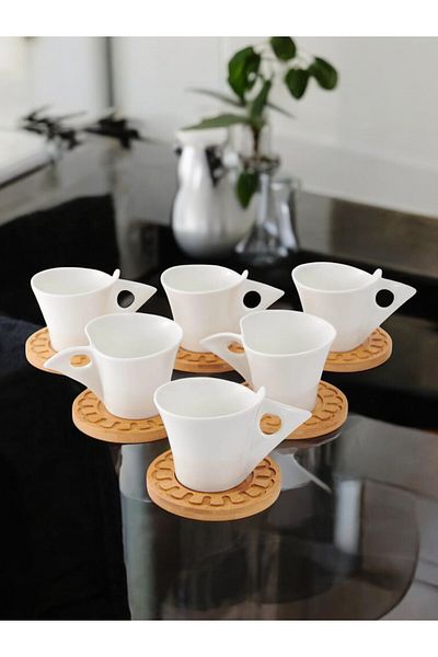 LUMİNA Belina 12 Piece Porcelain Cup Set with Bamboo Plates - White