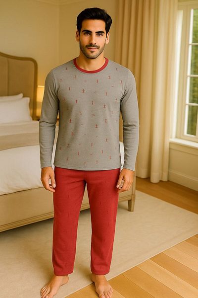 Masal Dünyası Bursa Anchor Patterned Thin Fabric Long Sleeve Men's Pajama Set (2 Color Options Available)