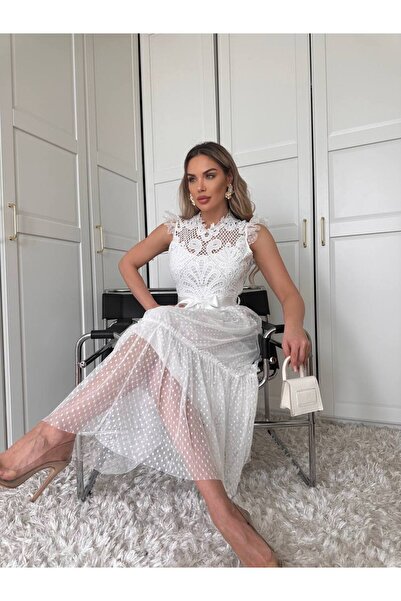 1Moda1Tarz Kadın İthal Dantel&Tül Kumaş Kuşak Detaylı Astarlı Özel Tasarım Elbise