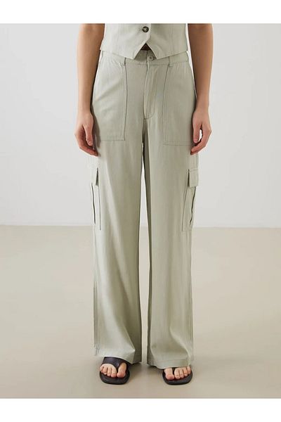 LC Waikiki Xside Green Women's Cargo Pants with Elastic Waist Linen Blend