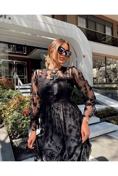 1Moda1Tarz Dámské importované tylové šaty s límečkem a brožem s speciálním designem