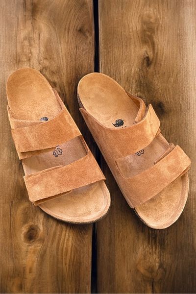 Land of Cork Unisex Genuine Suede Leather, Natural Cork Sole, Arch Support, Adjustable Velcro Slippers
