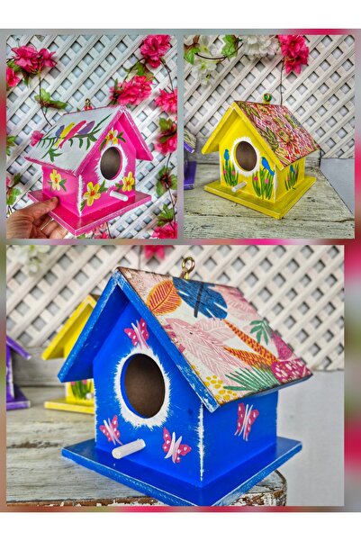 Home 3 قطع، 16×16×16 سم، بيت طيور خشبي ملون، زينة شجرة الحديقة، عمل يدوي