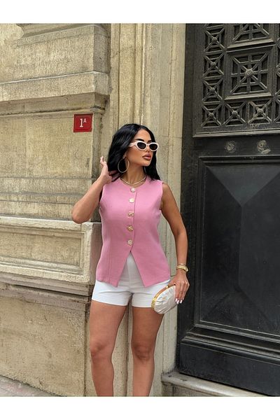 LB Laluna Butik Women's Gold Button Detailed Linen Vest