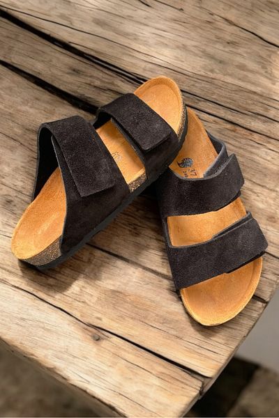 Land of Cork Unisex Genuine Suede Leather, Natural Cork Sole, Arch Support, Adjustable Velcro Slippers