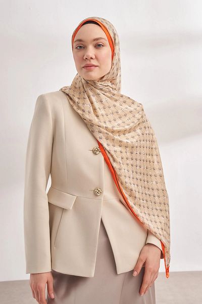 ARMANDA Imported Voile Monogram Pattern Shawl - Beige Orange