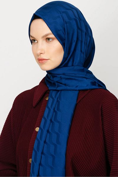 MENESSA Silky Jacquard Shawl Waterway Pattern Navy Blue