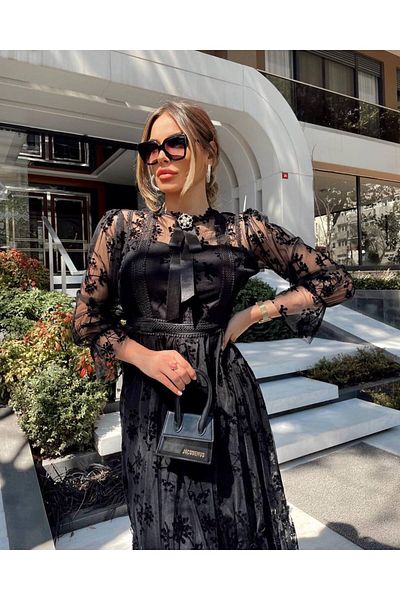 1Moda1Tarz Γυναικείο Εισαγόμενο Φόρεμα Ειδικού Σχεδιασμού με Λαιμόκοψη από ύφασμα από τούλι με λεπτομέρεια με επένδυση