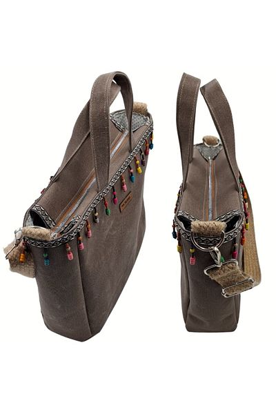 NVSisters Waxed Canvas Tote Bag, Hand and Shoulder Bag, Bead Detailed Women's Bag