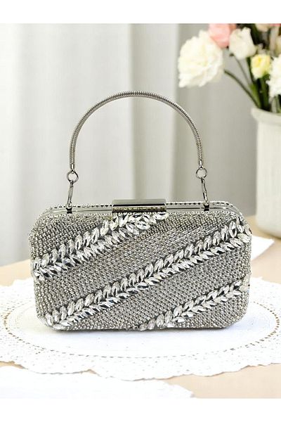 Biçanta Fully Handmade Complete Crystal Stone Embroidered Silver Gray Lame Color Women's Evening Dress Bag