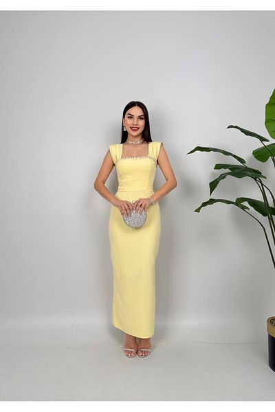 Zoe Zoe Collar Stone Detailed Midi Wedding/Guest/Graduation/Promised Dress with Slit Detail at the Back