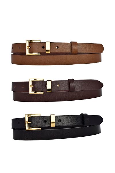 GoDeri 100% Genuine Leather Set of 3 Gold Color Suit Buckle 2cm Women's Belt Black, Brown, Dark Brown_Kare_Gold