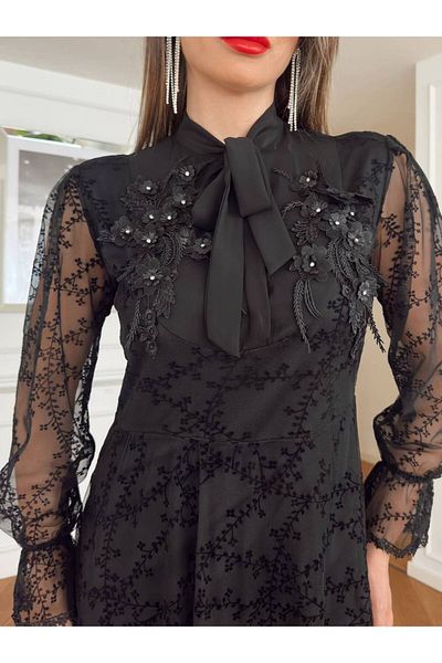 1Moda1Tarz Γυναικείο εισαγόμενο κρεπ ύφασμα δαντέλα Αξεσουάρ Λεπτομερές γιακά Φιόγκο Μανίκια Φόρεμα με επένδυση από τούλι Προσαρμοσμένο σχέδιο