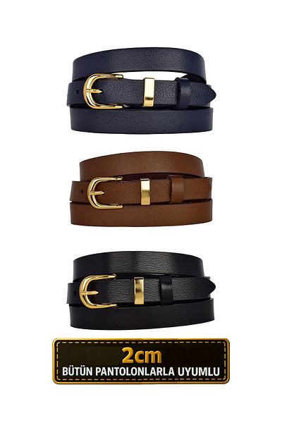 GoDeri 100% Genuine Leather Set of 3 Gold Color Suit Buckle 2cm Women's Belt Black, Navy, Brown_Düz_Gold