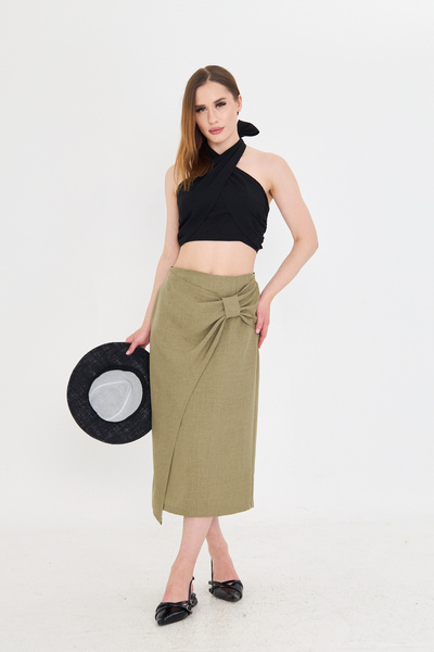AS Anita Store Khaki Raw Linen Bow Ribbon Detailed Wrap Skirt Does Not Show Underwear
