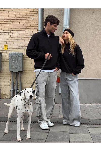 Boi Unisex Relaxed Fit με μισό φερμουάρ γιακά φούτερ μαύρο 2052