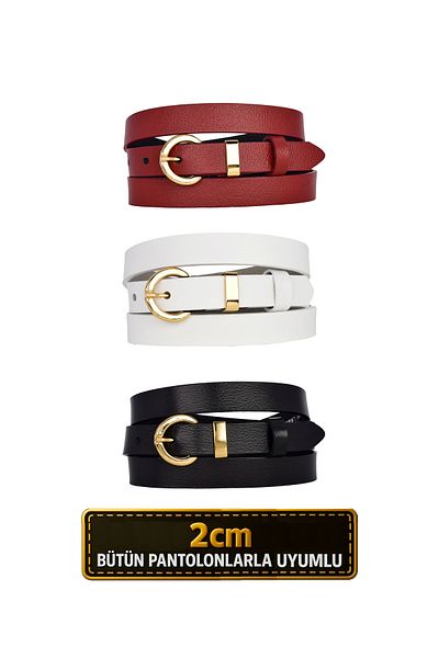 GoDeri Set de 3 curele din piele naturală 100% cu cataramă de costum de culoare aurie 2 cm pentru femei Negru, alb, roșu_kilt_gOLD