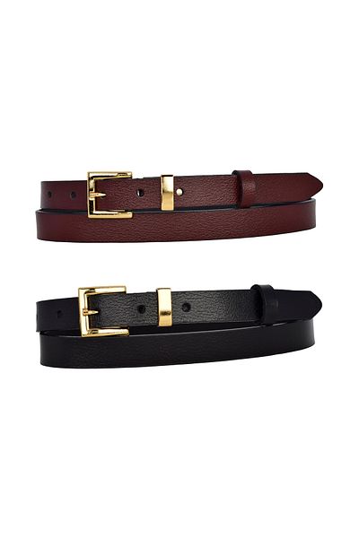 GoDeri Set de 2 curele din piele naturală 100% cu cataramă pentru costum de culoare aurie, 2 cm, pentru femei, roșu claret, negru_ kare_gold