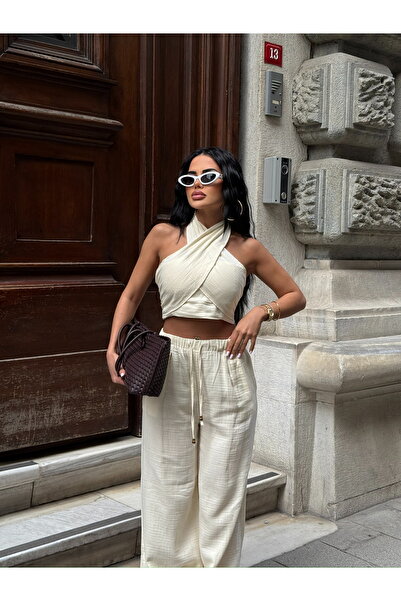 LB Laluna Butik Women's Linen Suit Blouse and Palazzo Pants