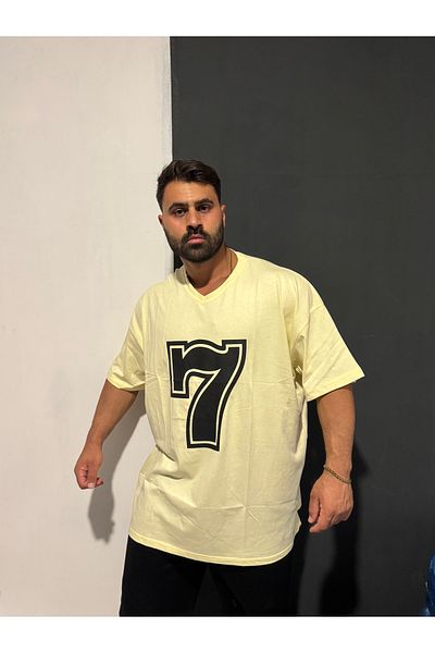 Bas Body FitnessWear Battal Size Large Size Combed Cotton T-Shirt Yellow Size 7 Printed V-Neck