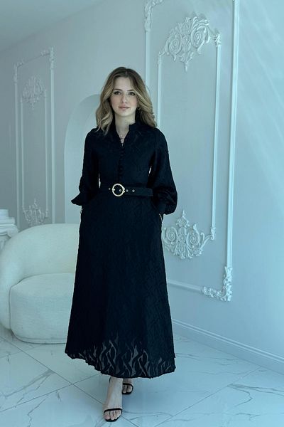 HELİS BUTİK Jacquard Belt Detailed Full Length Black Dress