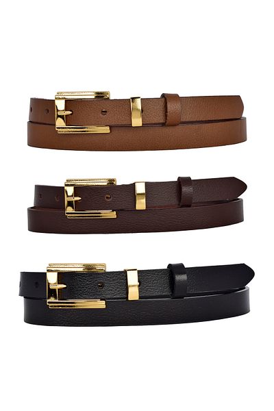 GoDeri 100% Genuine Leather Set of 3 Gold Color Suit Buckle 2cm Women's Belt Black, Brown, Dark Brown_Byk_Gold