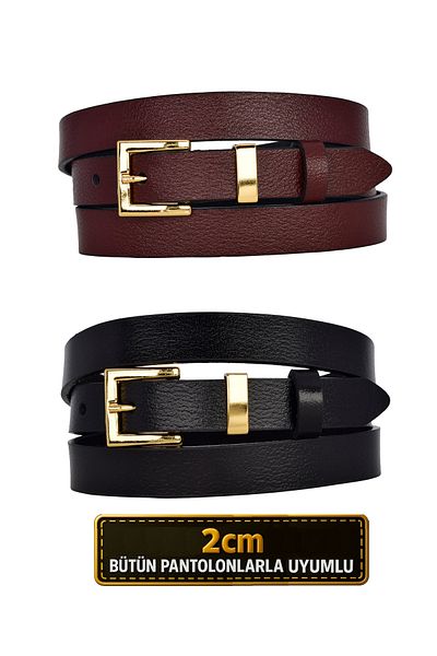 GoDeri Set de 2 curele din piele naturală 100% cu cataramă pentru costum de culoare aurie, 2 cm, pentru femei, roșu claret, negru_ kare_gold