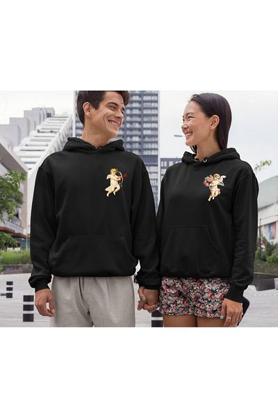 Boi Eros Lover Couple Combination - Μαύρη στάμπα Oversize φούτερ με κουκούλα