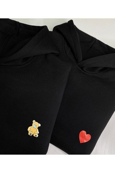 Boi Teddy Bear Heart Lover Couple Combination - Μαύρη στάμπα Oversize φούτερ με κουκούλα