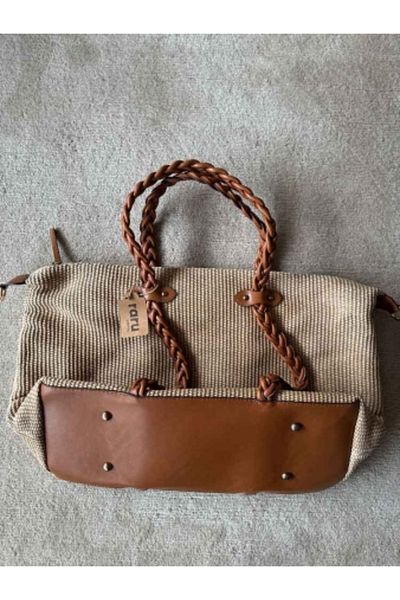 raru Wicker Travel Bag with Knitted Leather Handle Brown