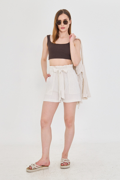 AS Anita Store Seersucker Wrinkle Tie Detail Belted Linen Shorts Non-Show Underwear