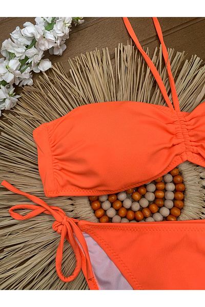XORVİO Γυναικείο Lycra Stretchy Halter Strapless Κομψό Ποιοτικό Πορτοκαλί Σετ μπικίνι με κορδόνι